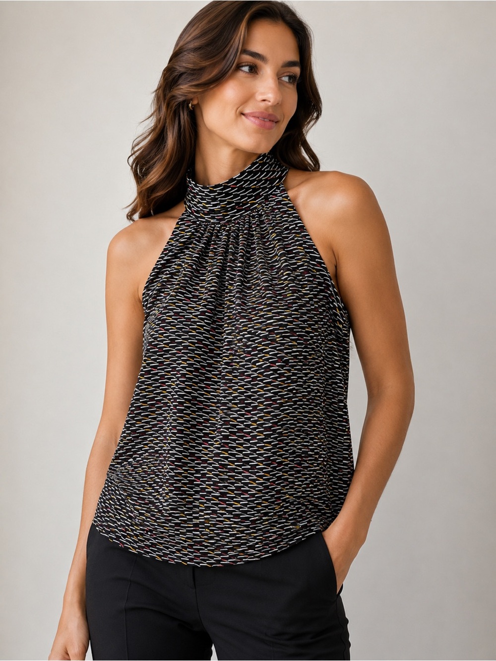 WHBM Mock Neck Halter Top Size 00 Black Dash Pattern Pleated Blouse 570331595